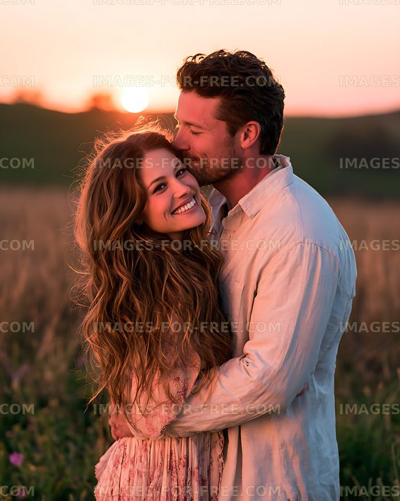 Romantic couple sharing an embrace during sunset