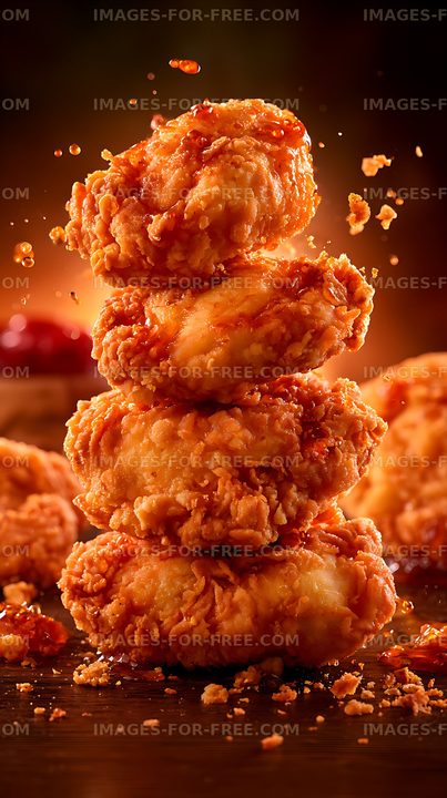 Crispy fried chicken stack with scattered crumbs