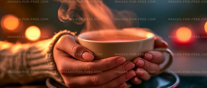 Close view of hands holding a steaming ceramic cup