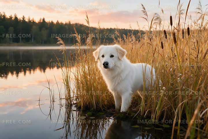 White dog in lakeside reeds at sunset
