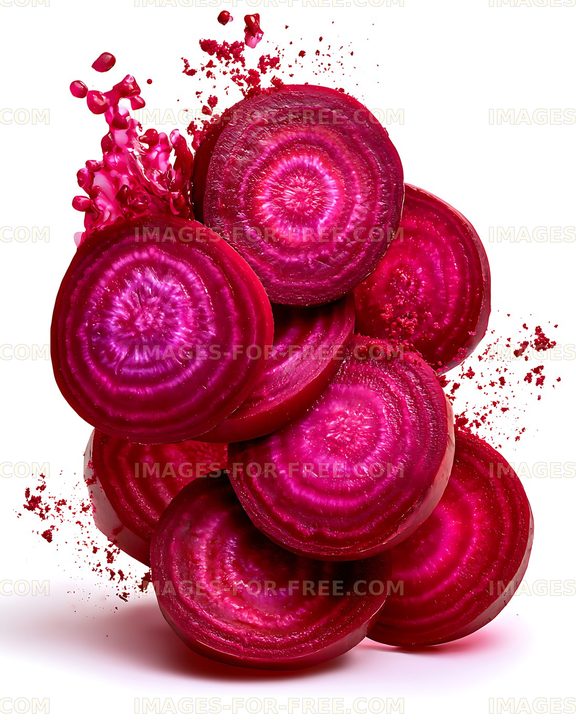 Vivid sliced beetroot with dynamic juice splash