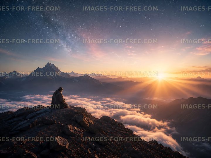Man sitting on mountain rock at sunrise over clouds