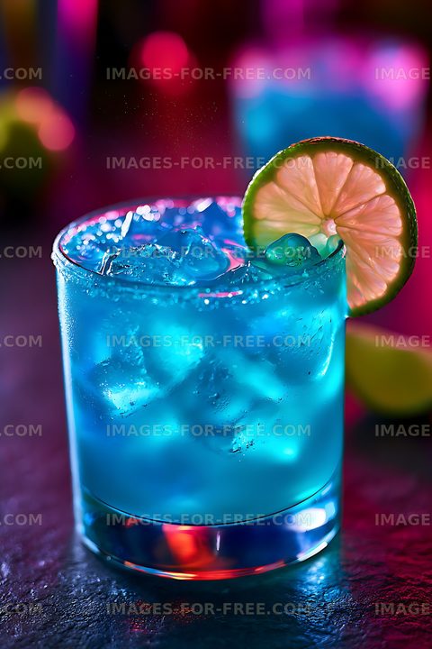 Vibrant blue cocktail with lime and ice