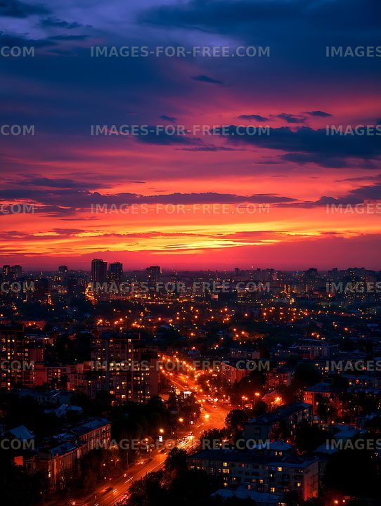 Vibrant sunset over an illuminated city