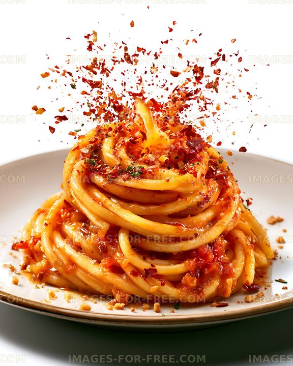 Dramatic spaghetti pasta dish with tomato sauce and herbs