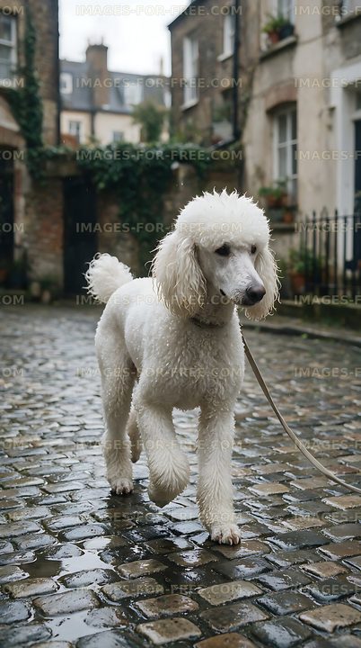 White poodle on a rainy cobblestone street