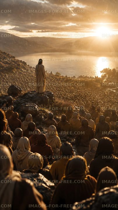 Crowd listening to a figure at sunset near a lake