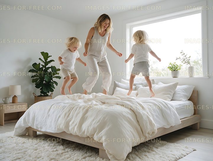 Family jumping together on a bed in a bright bedroom
