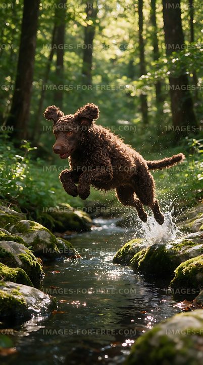 Brown curly-coated dog jumping over a woodland creek