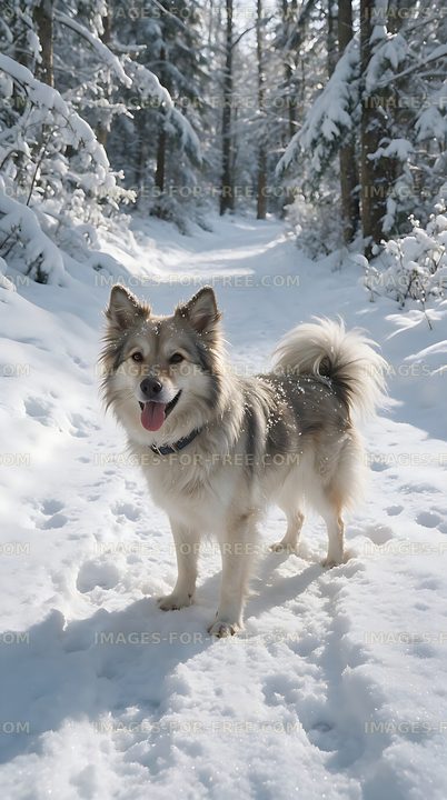Fluffy long-haired dog in a snowy woodland