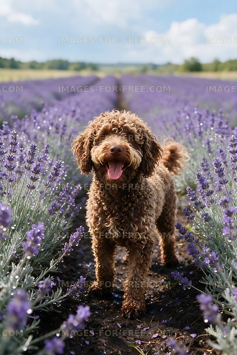Happy curly-haired dog among purple field flowers