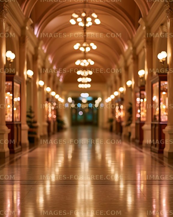 Warm blurred hallway with chandeliers and reflective floor