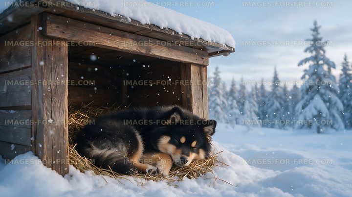 Puppy sleeping on straw in a snowy shelter