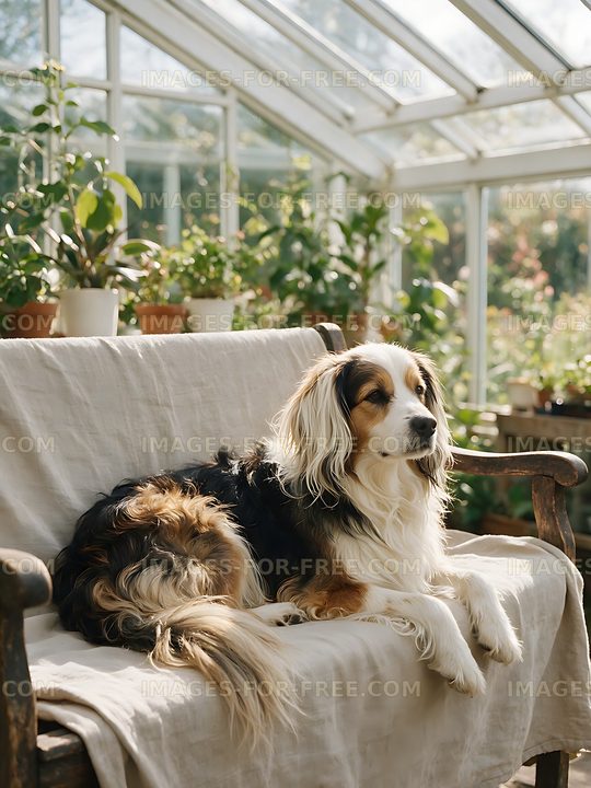 Long-haired tricolor dog relaxing indoors among plants
