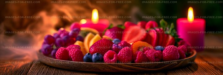 Colorful fresh fruit platter beside candlelight