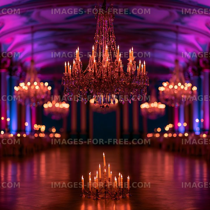 Ornate candle chandelier glowing in purple ambient light