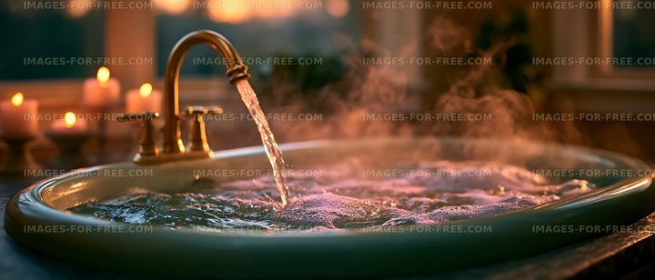 Warm candlelit bathtub with running water and rising steam