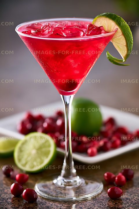 Cranberry drink in martini glass with lime garnish