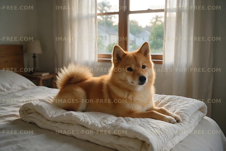 Tan dog relaxing on a quilted bed at home