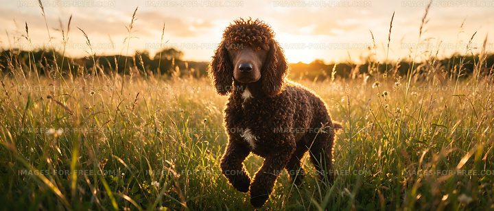 Curly-coated dog in tall grass at sunset