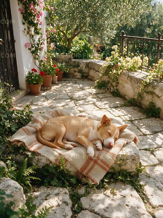 Puppy asleep on a blanket in a garden courtyard