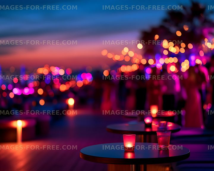 Atmospheric lounge interior with candles and colorful lights