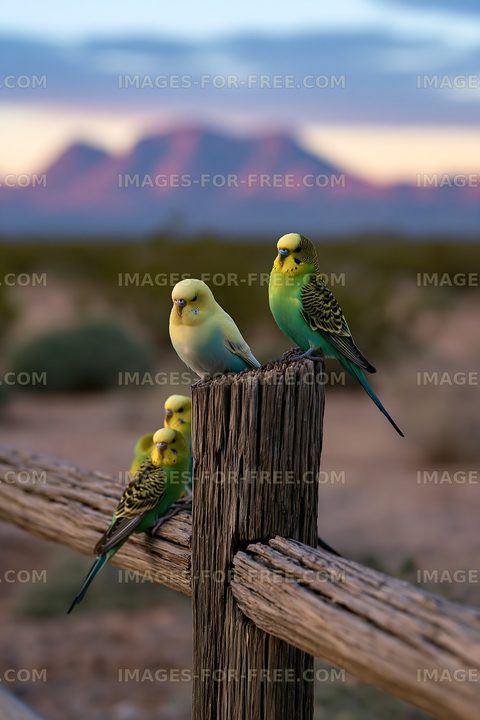 Four budgerigars perched on a rustic fence with mountains behind