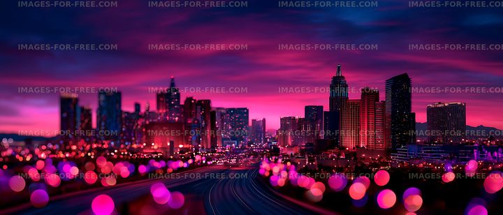 Colorful illuminated urban skyline under a vivid evening sky