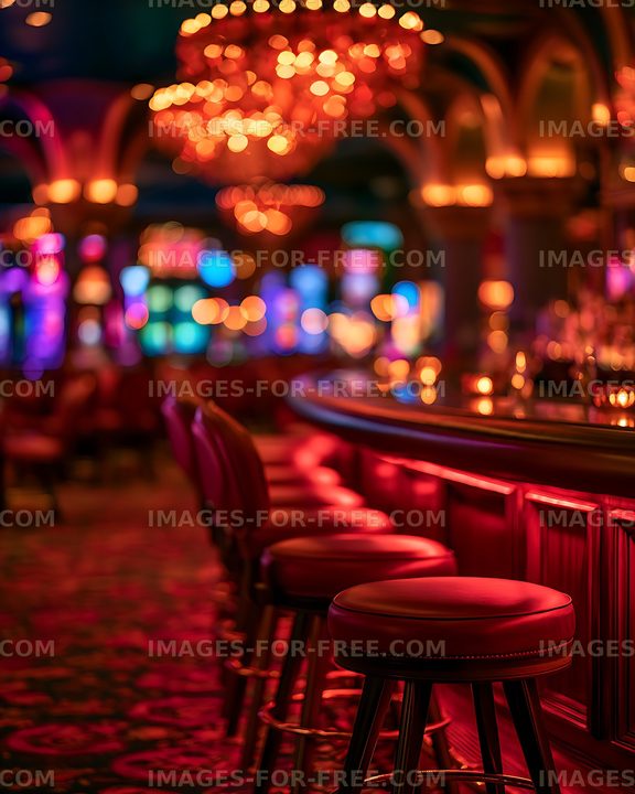 Colorful empty bar interior with glowing lights and red stools