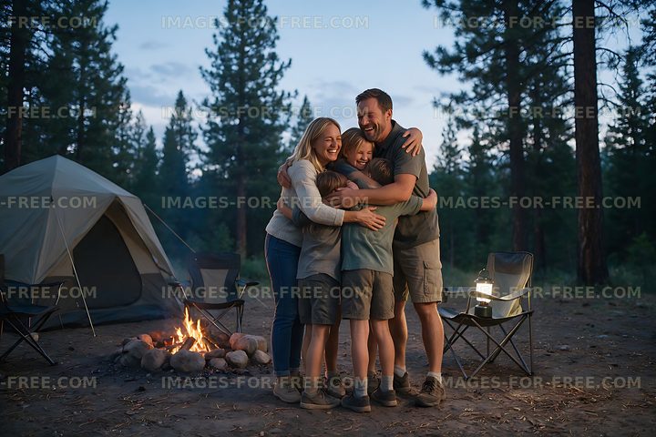 Joyful family embrace beside a campfire