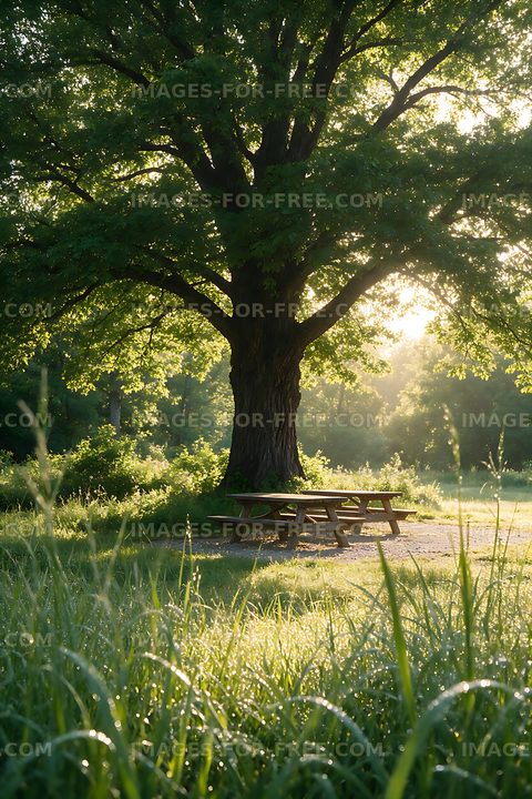 Sunlit picnic table beneath a large shade tree