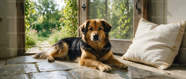Dog relaxing indoors beside an open garden doorway