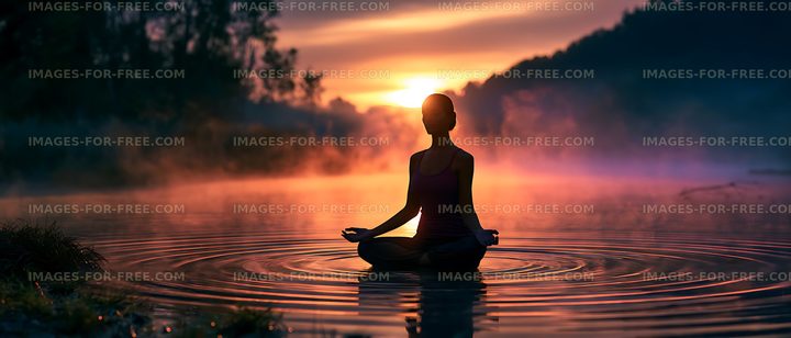 Woman practicing meditation in a lake during sunset