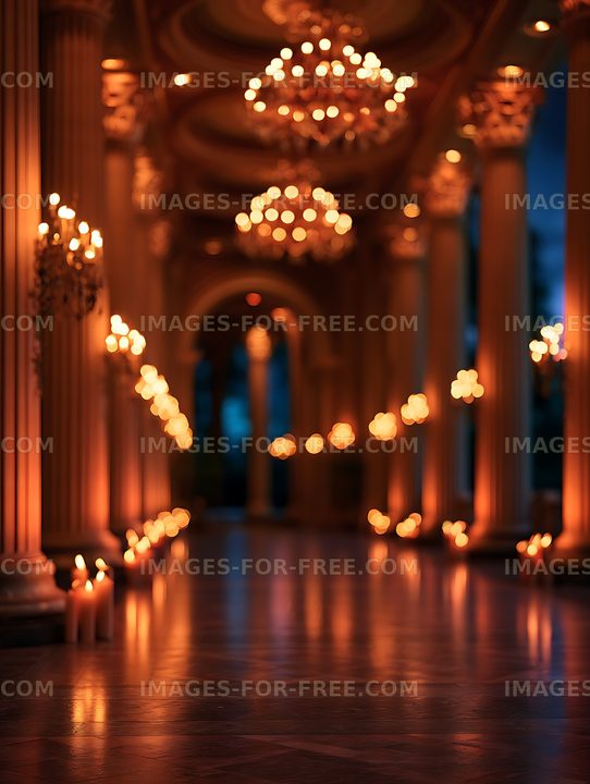 Warm candlelight and chandeliers in an ornate hall