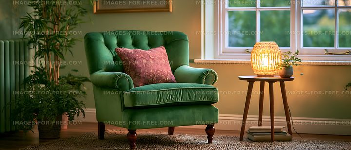 Cozy green armchair and illuminated side table by a window