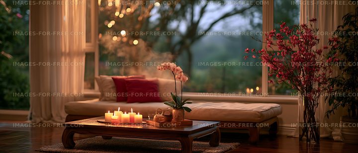 Warm living room interior with candles and botanical decor