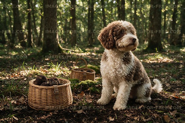 Brown and white curly-coated dog in a sunlit woodland