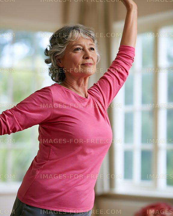 Senior woman doing an indoor stretch