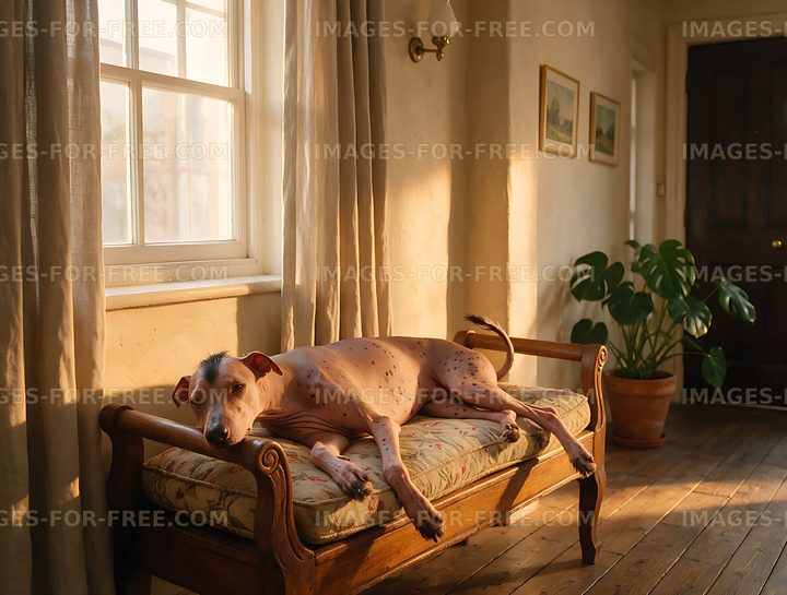Spotted hairless dog relaxing indoors on an upholstered chaise