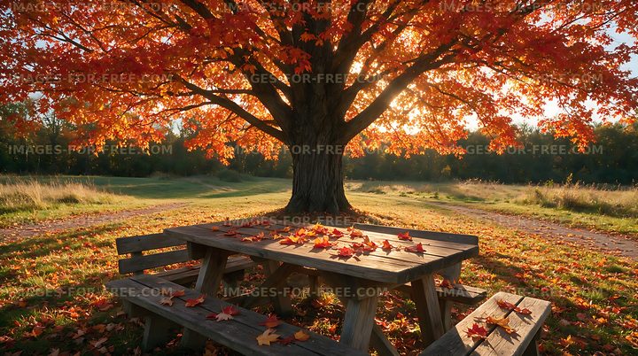 Autumn picnic table under a broad shade tree