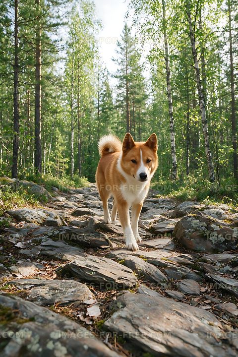 Dog Standing on a Rocky Woodland Trail