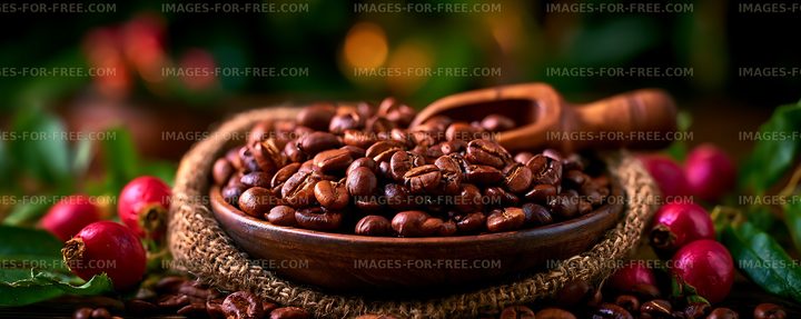 Close-up roasted coffee beans with berries and foliage