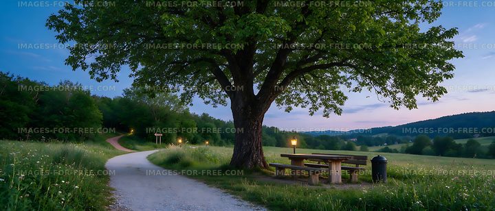 Picnic benches beneath a large shade tree in the countryside