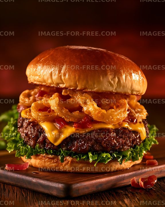Loaded cheeseburger served on a wooden board