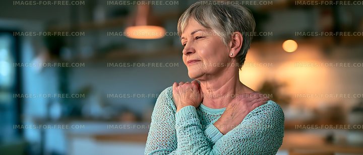 Mature woman practicing a gentle shoulder stretch indoors