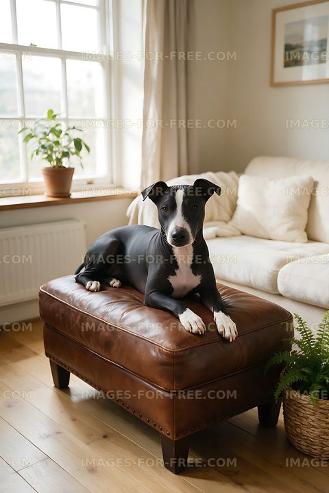 Black and white dog relaxing indoors on a leather ottoman