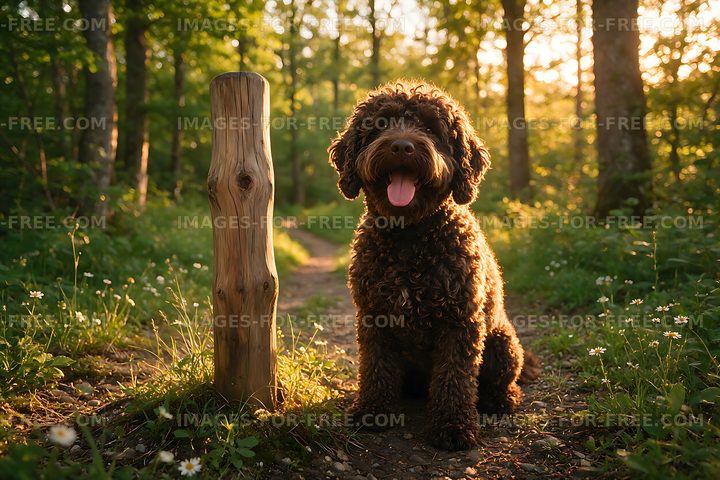 Brown curly dog sitting on woodland path