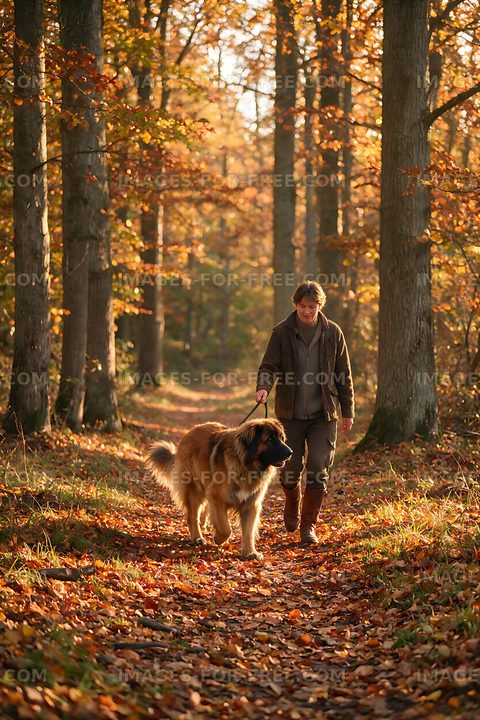 Large dog and owner walking through autumn woodland