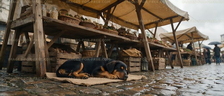 Sleeping puppy beneath a market stall in the rain