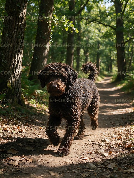 Curly dog exploring a woodland path